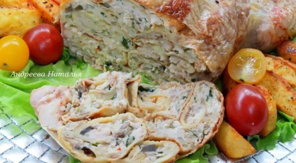 Курица, фаршированная блинами