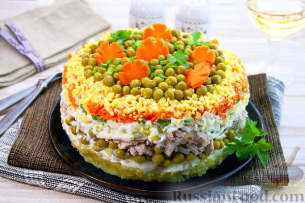 Слоёный мясной салат «Царь Горох»